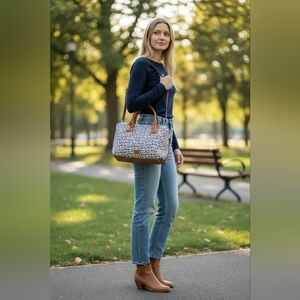 Fossil Blue and Tan Patterned Satchel
